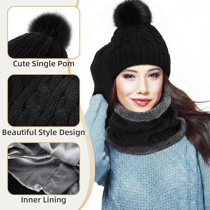 SATINIOR 5 Pcs Winter Satin Lined Hat Scarf Gloves Set Knit Pompom Beanie Warm Touchscreen Glove Earmuff Ear Warmer for Women