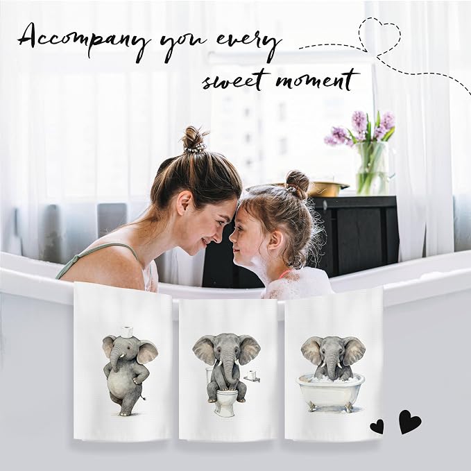 Funny Elephant Bathroom Hand Towels, Elephant Lover Gifts, Humor Bathing Elephants Animal Decorative Hand Towels for Bathroom Washroom Restroom, 16x24 Inch Set of 3