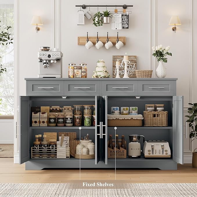HOSTACK 60" Large Buffet Sideboard with Storage, 36" Tall Kitchen Buffet Storage Cabinet with 4 Drawers, Modern Coffee Bar Cabinet with Gold Handles, Long Sideboard Buffet Table for Kichen, Grey
