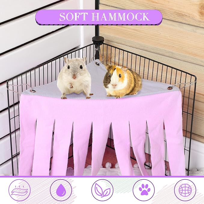 Shappy 2 Pcs Guinea Pig Hideout Hideaway Cage Hammock, Pink Heart | Corner Hideout Hammock, Soft Fleece for Ferrets Chinchillas Hedgehogs, Cozy Hide with Fringe Curtain Design