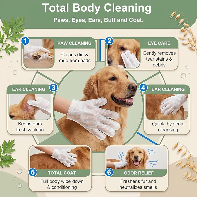 Pet Cleaning Glove Wipes, Plant-Based, Hypoallergenic | No dyes, bath alternative for water-shy dogs, cats, ferrets, guinea pigs; 10x9 inch, 10 pcs travel or daily use
