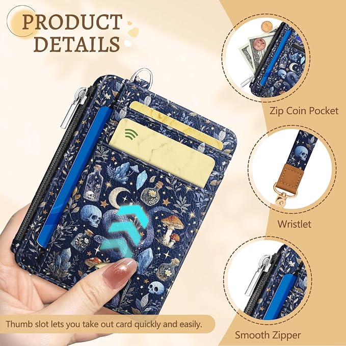 Kelvoris Credit Card Holder Small Wallet Women, Slim RFID, Mushroom Goth | Keychain, Zipper Coin Pocket, Front Pocket Thin Travel Card Case, Minimalist, 6 Card Slots, 1 ID Window, Ladies Gifts Woman