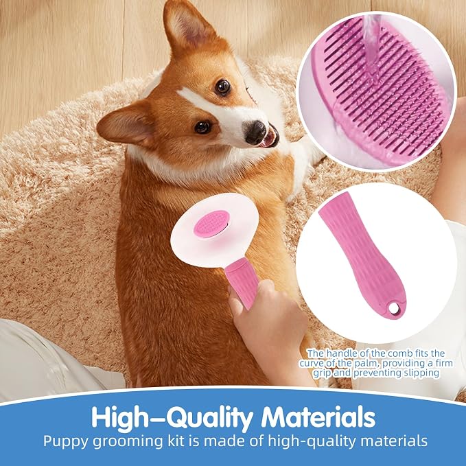 Aglads 3PCS Cat Rabbit Bunny Dog Grooming Kit, Self-Cleaning Slicker Cat & Dog Brush for Shedding, Fine-Needle Comb, Pet Nail Clipper & File for Long/Short-Haired Pets, Easy to Remove Loose (3, pink)