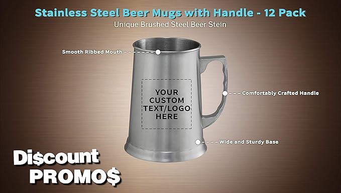 Custom Stainless Steel Beer Stein Mug 13.5 oz. Set of 12, Personalized Bulk Pack - Great for Restaurant, Brewery, Pub - Silver