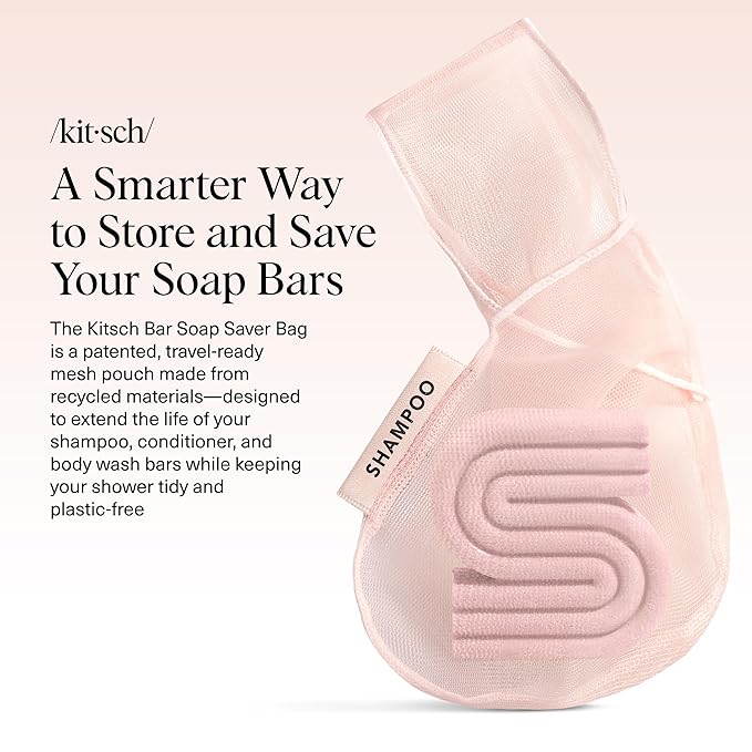 Kitsch Bar Soap Saver Bag – Patented Mesh Bag Soap Holder for Shampoo and Conditioner Bars - Extends Use & Prevents Soggy Mess - Recycled Mesh Beauty Pouch, Eco-Friendly – Blush