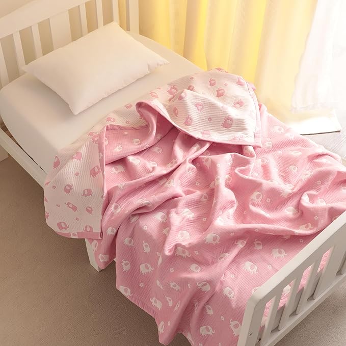 NTBAY 3 Layer Muslin Cotton Toddler Blanket, Jacquard Reversible Nursery Bed Blanket, Super Soft and Thermal for All Seasons, Decoration Gift, 30"x40", Pink Elephant
