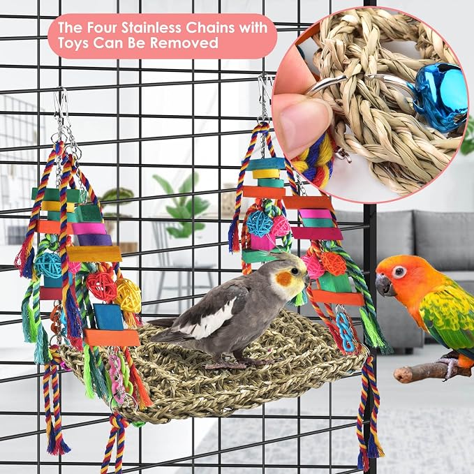 KATUMO Bird Toys, Bird Foraging Wall Toy Large Size Seagrass Woven Climbing Hammock Swing Mat with Colorful Chewing Toys for Lovebird, Parakeet, Budgie, Conure, Cockatiel, Small Birds | Hand-Woven Seagrass Toy with Chew Accessories, Supports Climbing, ...
