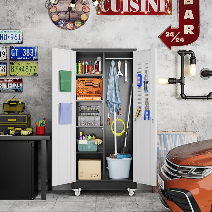 Broom Closet Storage Cabinet with Wheels and Pegboard,Metal Garage Storage Cabinet with Doors and Adjustable Shelves for Garage Home,Required Assembly,Black and White