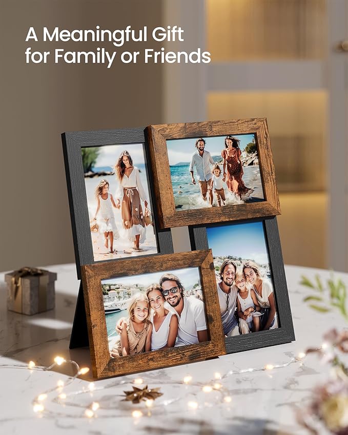 SONGMICS 4x6 Collage Picture Frames, Family Photo Collage Frame Set of 4 for Wall Decor, Glass Front, Wall Hanging or Tabletop, Christmas Gift, Ash Black and Rustic Brown URPF025K01