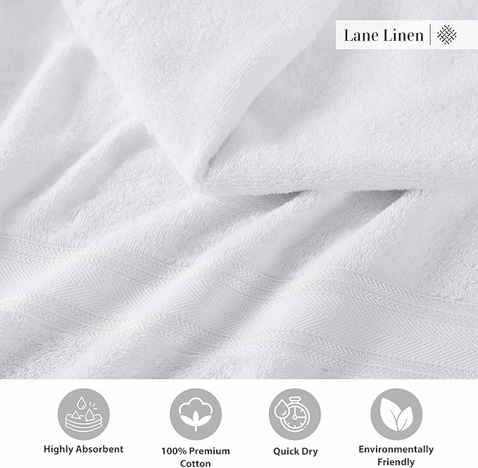 LANE LINEN 100% Cotton 4 Pack Bath Towels (28"x54") - Zero Twist, Cotton - Large Towels for Bathroom - Quick Drying, Highly Soft & Absorbent Shower Towel Set - Hotel & Spa Quality - White Towel Set