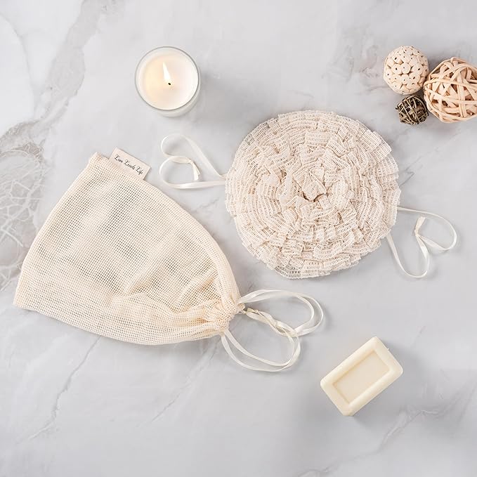 Bamboo Washcloth & Ramie Loofah – Dual‑Sided Body Scrubber for Bath & Shower – Patent Pending - Gentle Exfoliation, Sensitive Skin Spa Tool – Large Loofah with Bar Soap Pouch, Cotton Wash Bag, 2 Pack