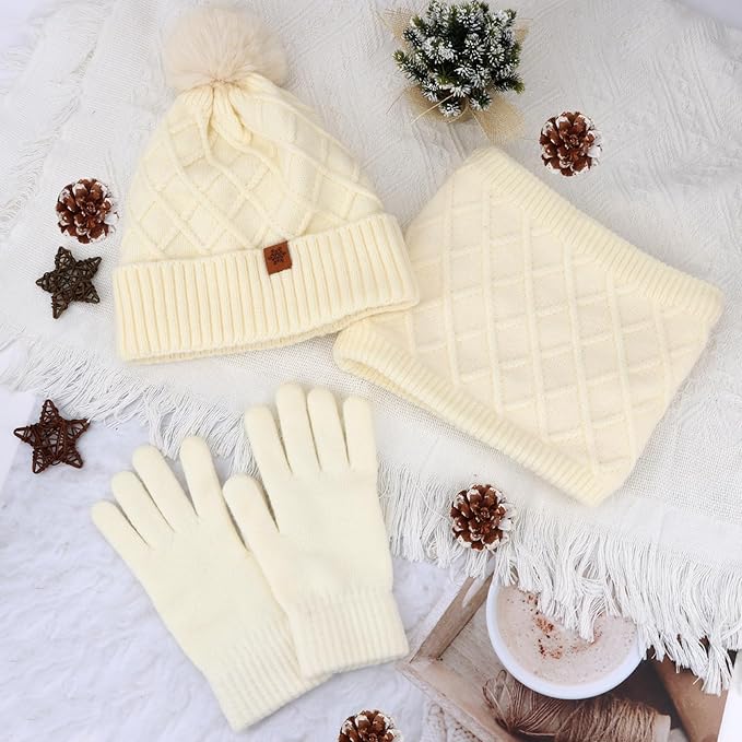 YARIEW Winter Hat Neck Warmer and Gloves Set for Women, Warm Knitted Beanie with Pom Pom, Soft Ear Warmer Scarf, Warm Gloves