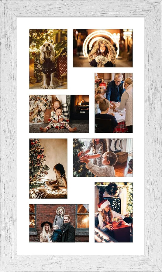 11.8x21.8 Picture Frame Display 8 opening 4X6 Picture Frame Collage,Multi Photo Frame with Mat,Plexiglass,Wall or Tabletop Decor,Distressed White Wood Grain