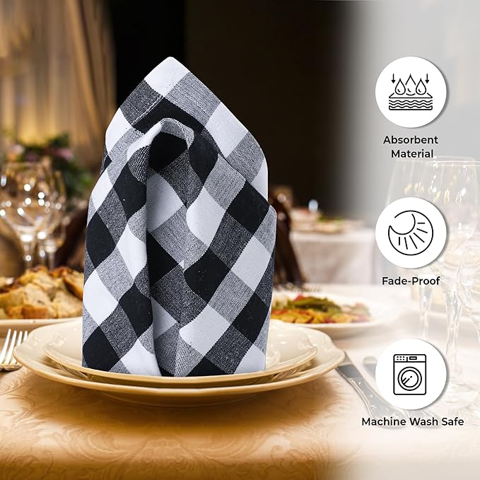 Urban Villa Cloth Napkins 100% Cotton Dinner Napkins Highly Absorbent 20x20 Inches (Set of 12) Black White Buffalo Checks Reusable Washable Soft Durable Premium Napkins Ideal for Home Wedding Parties