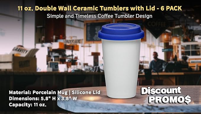 DISCOUNT PROMOS 11 oz. Double Wall Ceramic Tumblers with Lid - 6 Pack - Blue