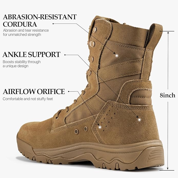 FREE SOLDIER Men's Work Tactical Boots 8 Inches Lightweight Combat Boots Durable Suede Leather Military Boot Desert Boot