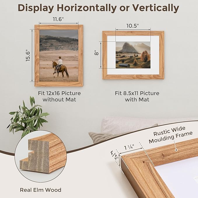 Fun Memories 12x16 Picture Frame, Solid Wood Frame 12 x 16, Display Pictures 8.5x11 with Mat or 12x16 Without Mat, 12"x16" Rustic Picture Frame with Real Tempered Glass, Natural, 1 Pack