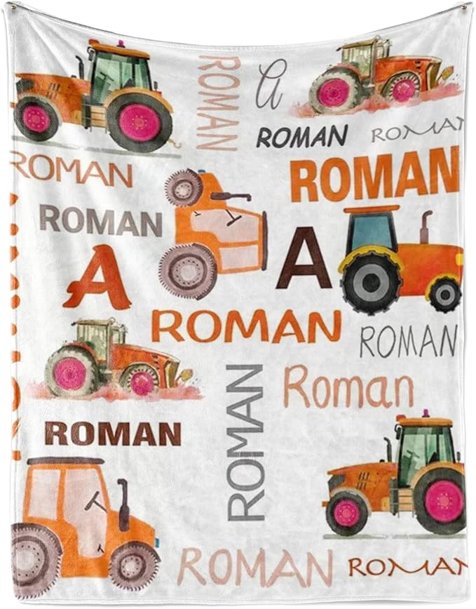 Personalized Tractors Blanket - Custom Name with Farm Tractor Trucks Design - Soft Plush Flannel Bed Blanket for Baby Kid Teen Boys Girls Customized Gifts White & Orange