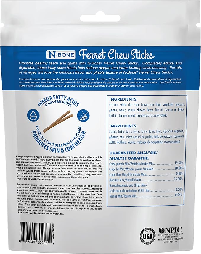 N-Bone Ferret Chew Sticks, Chicken Flavor, Natural Chew Treats for Ferrets, Delicious Everyday Snack Treats & Training Rewards, Made in USA, 3.74 oz
