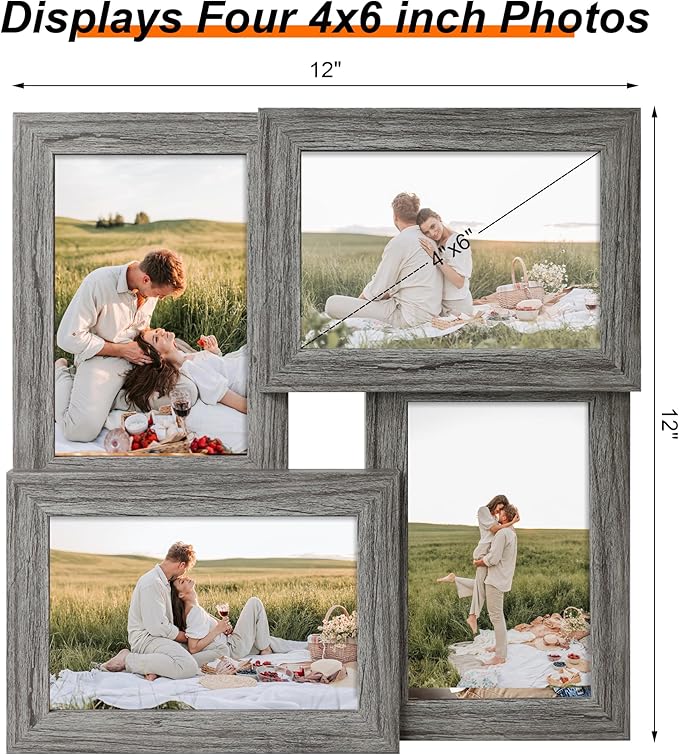 4x6 Collage Picture Frames, Multi Family Photo Frame with Real Glass, Displays Four 4x6 Photo, Wall Decor Wall Hanging or Tabletop, Grey