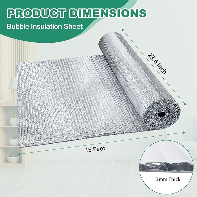 Reflective Bubble Insulation Sheet, Double Side Aluminum Foil Bubble Shield, Aluminum Foil Thermal Insulation Radiant Barrier for Windows, RV, Roof, Garage Door (23.6IN X 15FT)