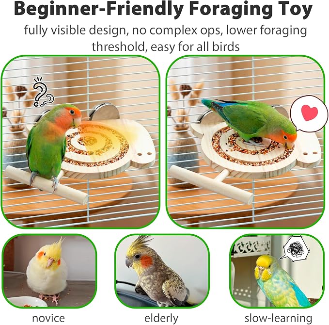 Bird Foraging Toys with Perch, for Novice/Older/Slow-Learning Birds | Kiln-Dried Wood Bird Enrichment Toys for Slow Feeder, Parakeet Puzzle Toy for Cages Reduce Seed Mess, Visible Food Design