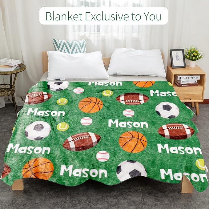 Personalized Ball Blanket with Name for Boys, Custom Name Blanket for Kids Ball, Soft Flannel Ball Toddler Blanket Customized Gift for Birthday Christmas Baby Shower Newborn Gift 60x80in
