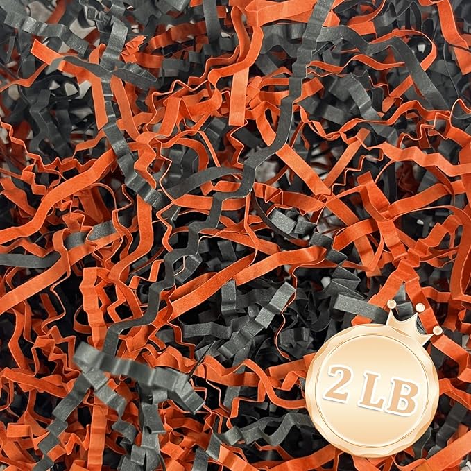 2 LB Black Orange Crinkle Cut Paper Shred Filler Great for Gift Wrapping, Halloween Basket Fillers, Birthday, Gift Wrapping, Anniversary, Christmas Party Decor Filling Supplies