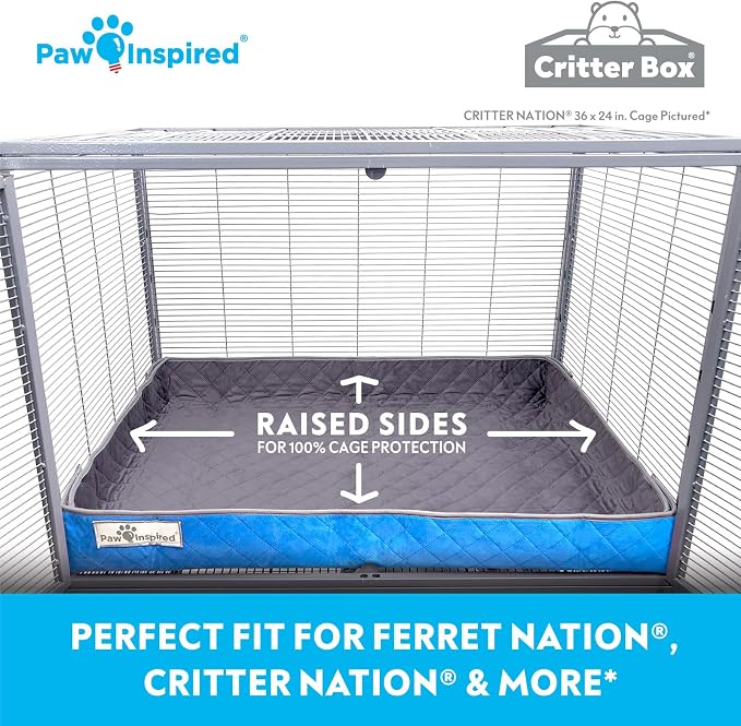 Paw Inspired Reversible Critter Box, Critter Nation Size, Gray/Blue | Washable Fleece Liner for Critter Nation/Ferret Nation Cage, Raised Sides, Bedding, Edge Protected Pee Pads for Small Pets
