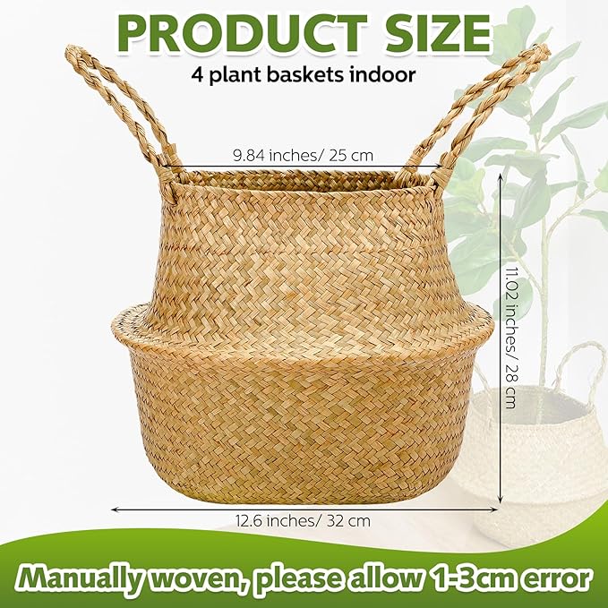 Qunclay 4 Pcs Woven Seagrass Baskets Belly Basket Folding Boho Natural Plant Pot with Handles Round Decorative Wicker Large Indoor Planter for Home Outdoor Tree Planters Decor (12 x 11 Inch)
