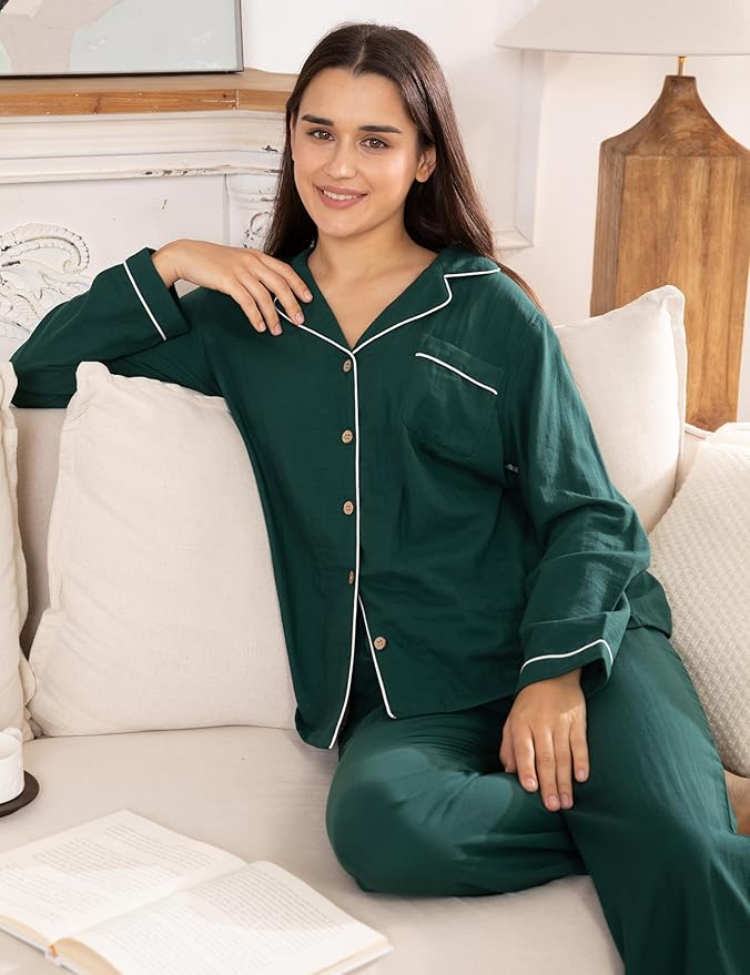 Womens Pajama Sets 100% Double Gauze Cotton Linen Like Muslin Pajamas Long Sleeve Button Down Sleepwear Soft Pjs Lounge Set