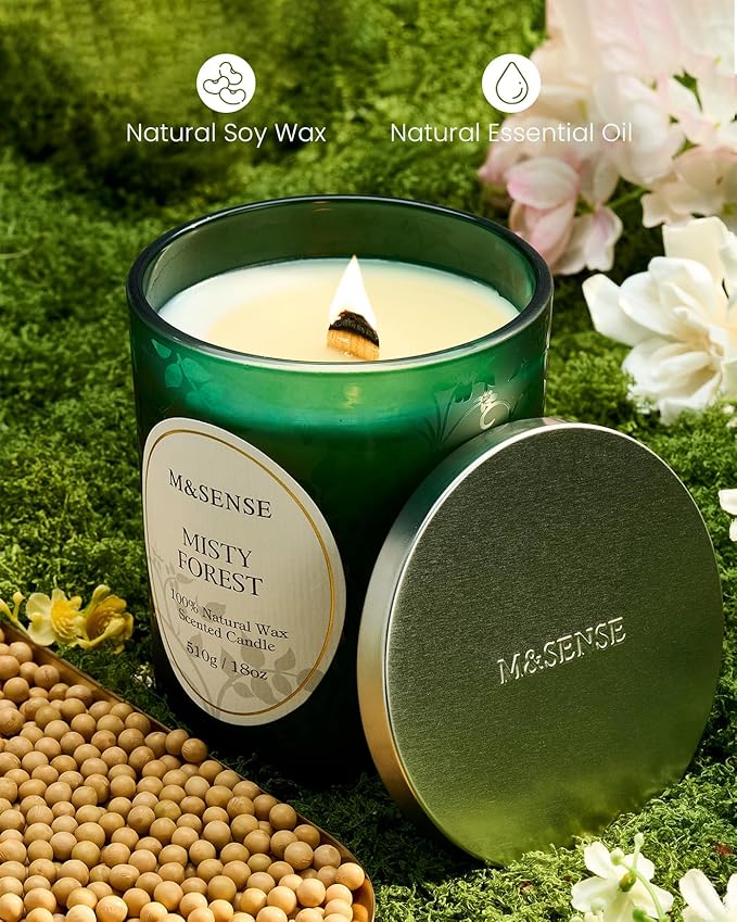 M&SENSE Eucalytus Pine Strong Scented Candle, Wooden Wick Candle, 100 Hours Slow Burning No Toxin Natural Soy Wax 18oz, Relax Aromatherapy Fall Winter Home Fragrance,Housewarming Gifts for Men Women
