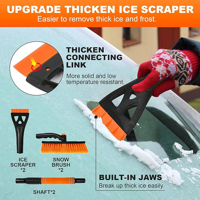 34" Extendable Ice Scrapers for Car Windshield 2-in-1 Snow Brush for Car Snow Scraper for Snow Scraper and Drush with Ergonomic Foam Grip for Cars Trucks SUV with 360° Pivoting Brush Head Orange 1PCS