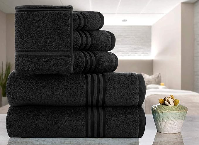 CASA COPENHAGEN Zero Twist, 6 Pieces Set 100% Cotton 0" Twist Towel Set- Black, 600 GSM, 2 Bath, 2 Hand, 2 Washcloths Made from Egyptian Cotton, Ultra Soft Luxury Towels for Bathroom.