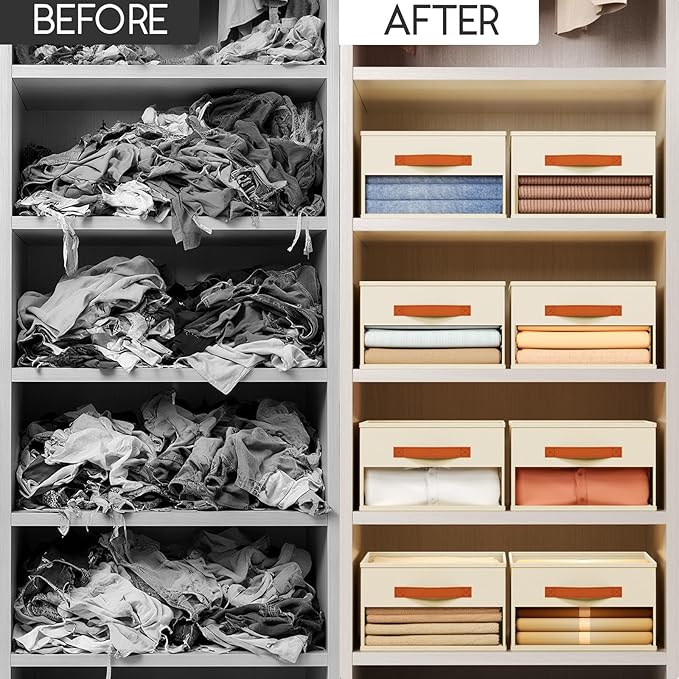 Drawer Organizers and Storage - 6 Pack Foldable Pants Organizer with Clear Window & Handles, Fabric Closet Organizer for Clothes, Jeans, Sweaters, Towels, T-shirt, Scarf (Beige)