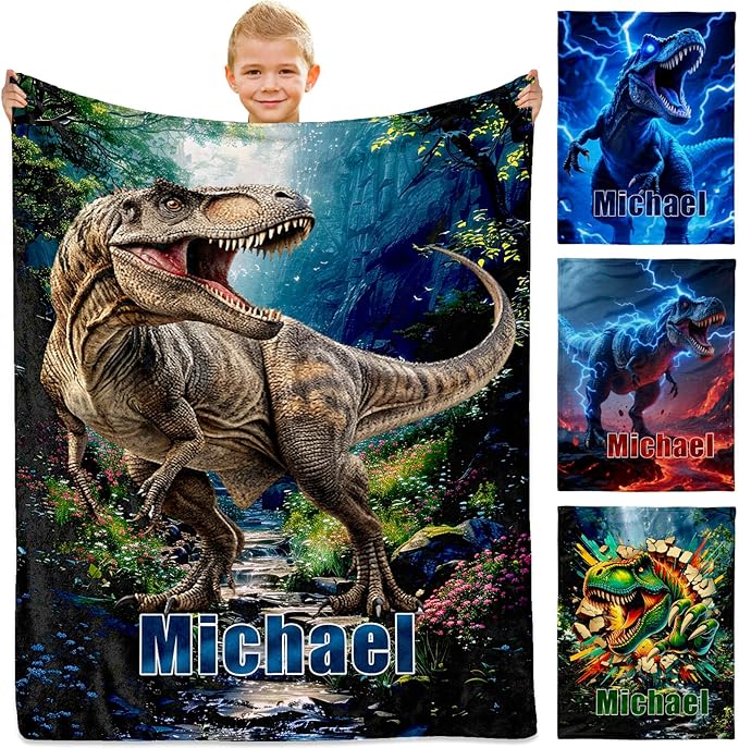 Custom Boy Blanket with Dinosaur - Personalized Throw Blanket Gift for Boys Kids Adults (Dinosaur Design)