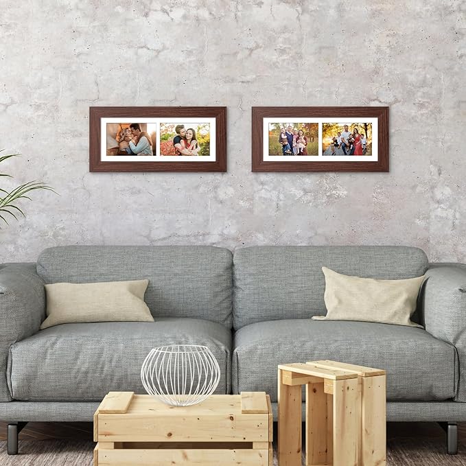 6x15 Picture Frame Display 2 opening 5X7 Double Picture Frame Collage,Multi Photo Frame with Mat,Plexiglass,Horizontal and Vertical Formats for Wall Decor,Walnut Wood Grain