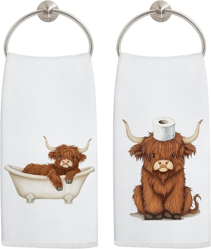 Funny Highland Cow Bathroom Hand Towels, Highland Cow Bathroom Decor, Cute Scottish Cattle Farm Animal Hand Towels for Kids Bath Room Washroom Decor, 16x24 Inch Set of 2