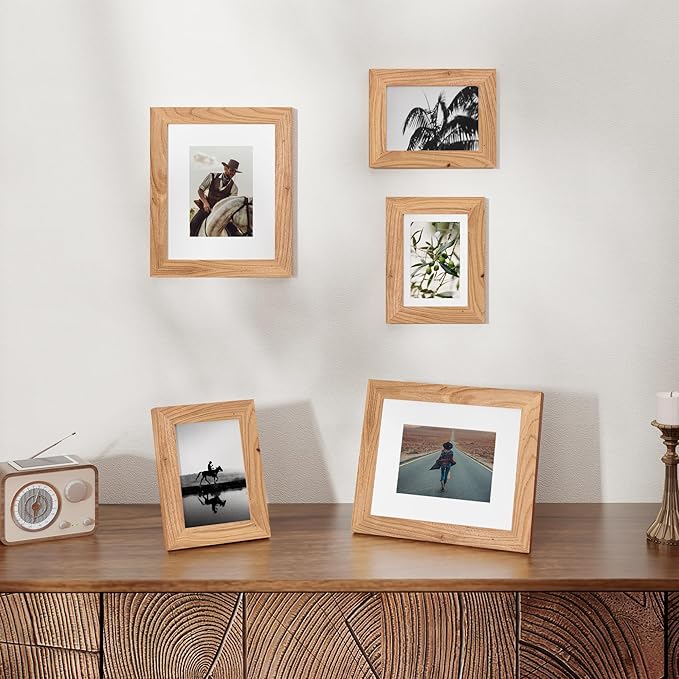 Fun Memories 8x10 Picture Frame with Mat for 5x7 Photo, Solid Elm Wood & Tempered Glass, Rustic Wall & Tabletop Display Frame, Natural, 1 Pack
