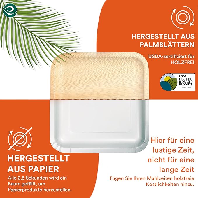 ECO SOUL Compostable 8 Inch Palm Leaf Square Plates (100 Count) Like Bamboo Plates | Biodegradable | Eco-Friendly, Microwave & Oven Safe