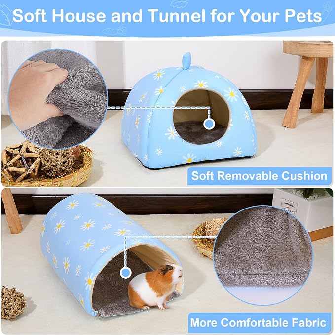 Guinea Pig Hideout, Bienbee Washable Rabbit Bed with Guinea Pig Tunnel, 2 Pack Guinea Pigs Toys Set Bunny Hideout Cage Accessories for Hamster Ferret Rabbits Bunny, Blue Daisy
