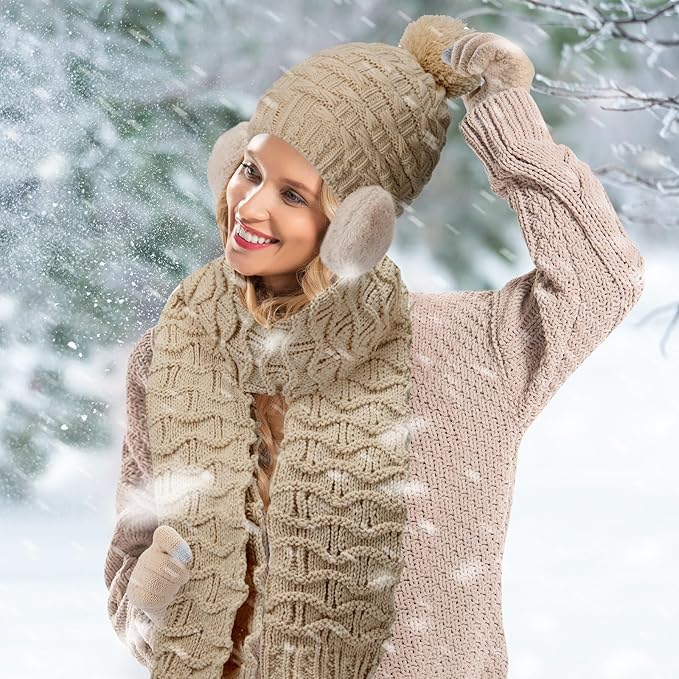 JenPen 4 Pcs Winter Hat Scarf and Gloves Set for Women Include Ear Cover Cold Weather Scarf Hat Knit Beanie Gloves