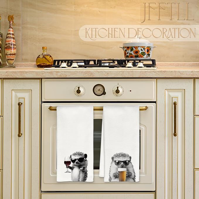 Funny Hedgehog Kitchen Towels Set of 2, Funny Kitchen Decor, Wine Station Wine Bar Decor, Black and White Hedgehog Owner Gift Hand Towel, Dining Room Decorative Tea Towel Dish Towels 16x24 Inch