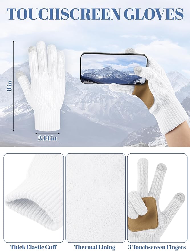 LOROME Women Winter Beanie Hat Scarf Gloves Set, Fleece Knitted Pompom Hat Warm Neck Scarf Touchscreen Gloves Winter Gift