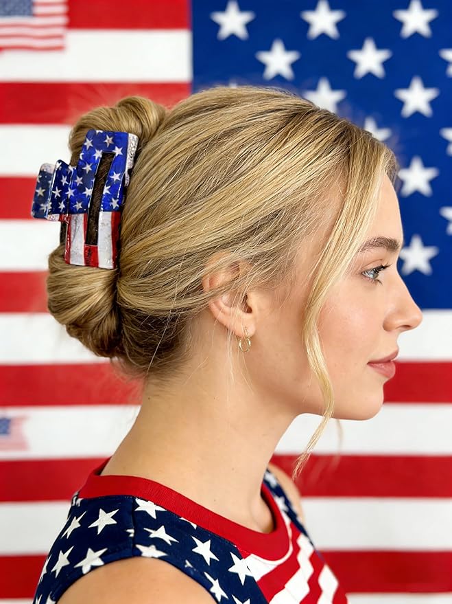 1Pc July 4th Hair Clips Acetate Patriotic Hair Claw Clips Blue American Flag Design Non-Slip Jaw Barrettes Fashion Styling Red White and Blue Hair Accessories Gift for Women Girls Thick Thin Hair