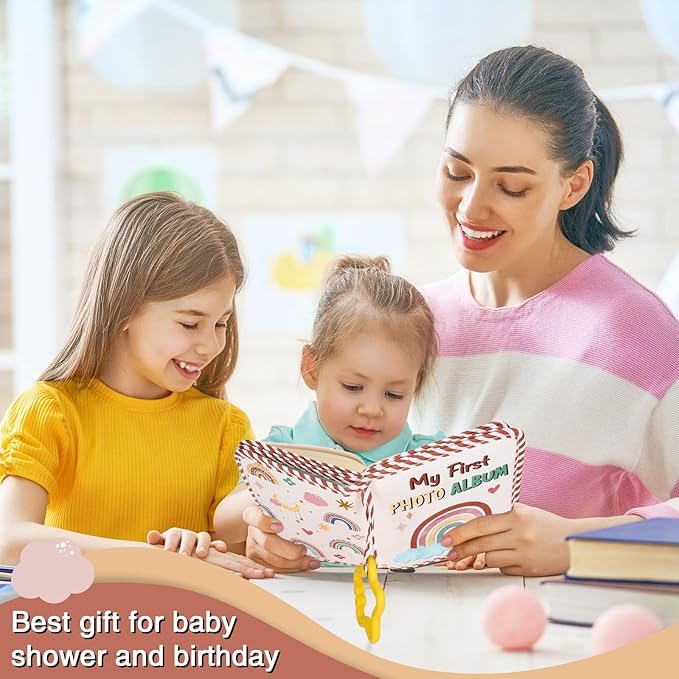 Baby's My First Family Album Soft Photo Cloth Book Boho Rainbow Photo Album Gift Holds 4x6" Pictures Soft Photo Cloth Book With Safety Mirror For Newborn Baby Shower Toddler Kid