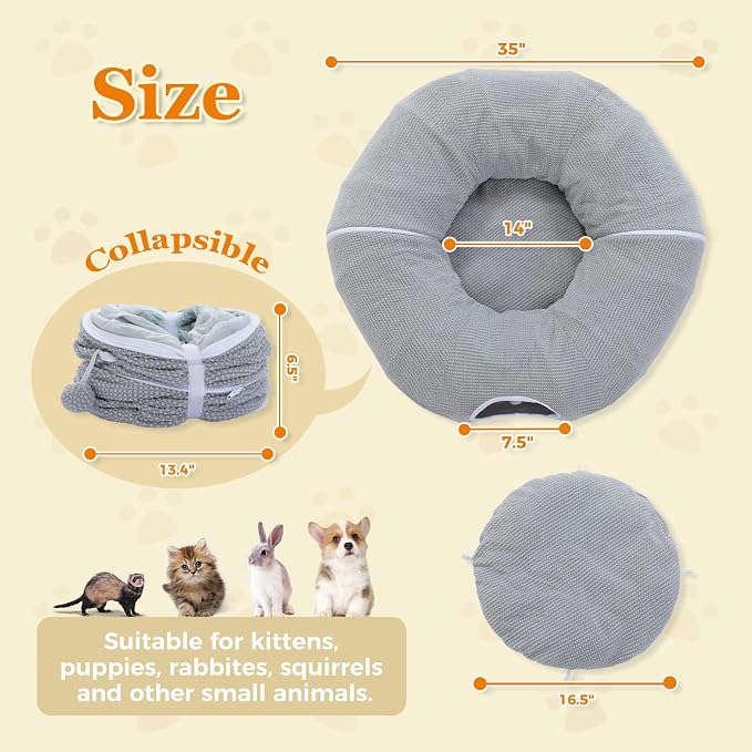 PEQULTI Grey Donut Cat Tunnel Bed Washable Plush Mat Multi for Small Pets | Round play tube with soft detachable plush mat, multi-pet toy fit indoor cats, kittens, puppies, rabbits and ferrets