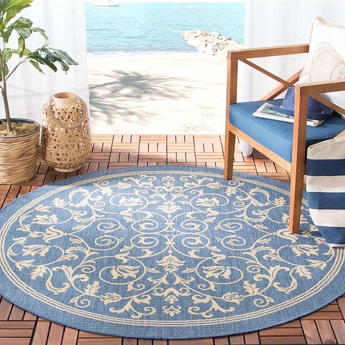 SAFAVIEH Washable Rug Outdoor Courtyard Collection - 6'7" Round, Blue & Natural, Non-Shedding & Easy Cleaning, Ideal for Patio, Backyard, Mudroom (CY2098-3103)