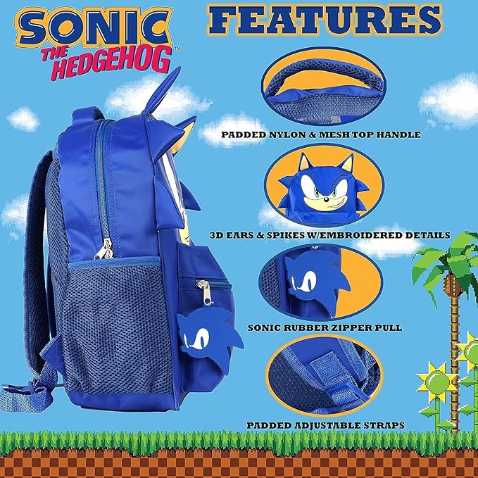 AI ACCESSORY INNOVATIONS Sonic Backpack for Boys & Girls, Bookbag with Adjustable Shoulder Straps & Padded Back,16 Inch Schoolbag with 3D Features, Blue