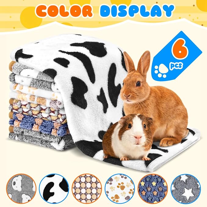 Eilyliafe 6 Pcs Guinea Pig Bedding Cage Liners Small Animal Flannel Blankets Sleep Mat Absorbent Reusable Pet Pee Bedding Pad Cover for Hamster Ferret Chinchilla Rabbit Hedgehog (16 x 24 Inch, Multi)
